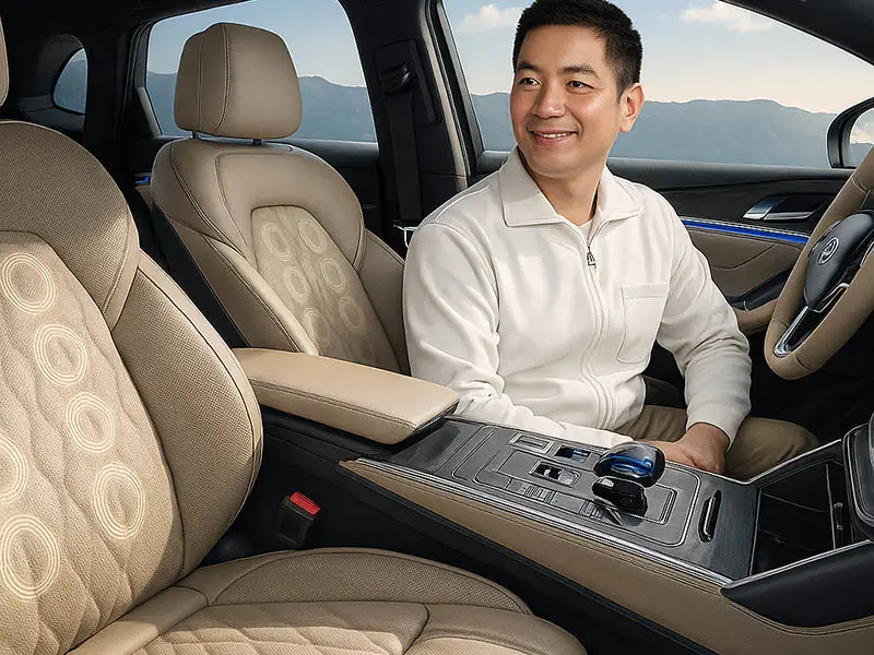 Professional English-speaking business assistant inside a premium SUV in Shanghai
